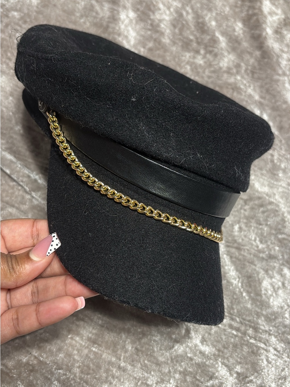 Black Wool-Blend Baker Boy Cap with Gold Chain Trim